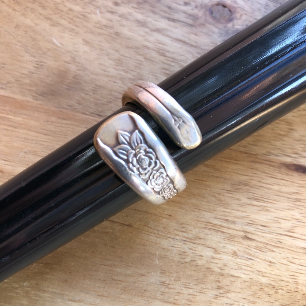 Vintage silver spoon ring with rose detail